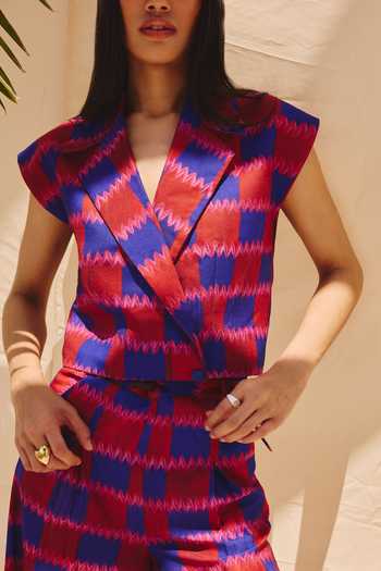 Shop_ZiP by Payal & Zinal_Blue Cotton, Linen V-neck Checkmate Chic Vest And Pant Co-ord Set _Online_at_Aza_Fashions