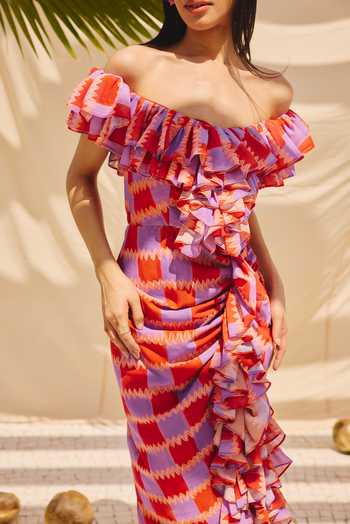 ZiP by Payal & Zinal_Multi Color Georgette Off-shoulder Frill Fantasy Off Dress _Online_at_Aza_Fashions