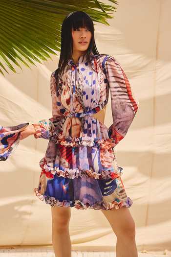 Shop_ZiP by Payal & Zinal_Multi Color Georgette Collared Neck Pleats And Palettes Dress _Online_at_Aza_Fashions