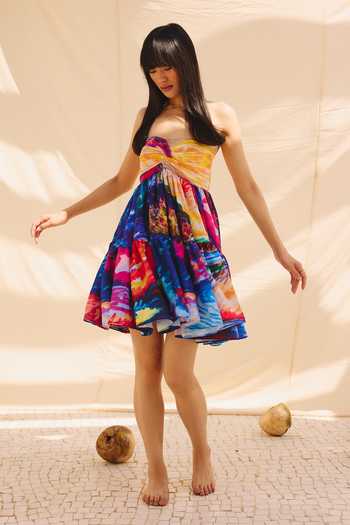 Buy_ZiP by Payal & Zinal_Multi Color Cotton, Linen Sweetheart Neck Starlit Twirl Frill Dress _Online_at_Aza_Fashions