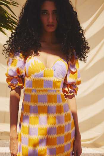 ZiP by Payal & Zinal_Multi Color Cotton, Linen Sweetheart Neck Sunkissed Checkered Print Summer Dress _Online_at_Aza_Fashions