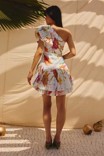 Shop_ZiP by Payal & Zinal_White Cotton, Linen One Shoulder Sunlit Swirls Dress _at_Aza_Fashions