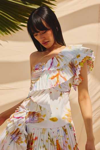 Buy_ZiP by Payal & Zinal_White Cotton, Linen One Shoulder Sunlit Swirls Dress _Online_at_Aza_Fashions