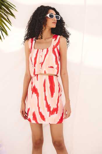 ZiP by Payal & Zinal_Pink Cotton, Linen Sunset Strokes Mini Skirt _Online_at_Aza_Fashions
