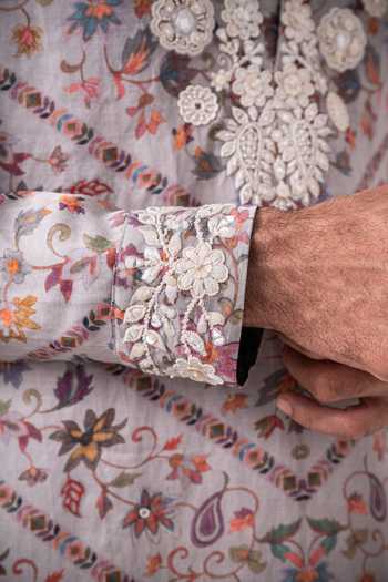 Shop_Char Chaand_Multi Color Silk, Satin, Linen Floral Paisley Print Kurta _Online_at_Aza_Fashions