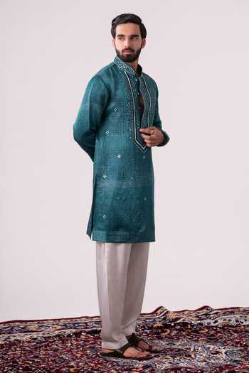 Char Chaand_Teal Silk, Linen Embroidered Kurta _Online_at_Aza_Fashions
