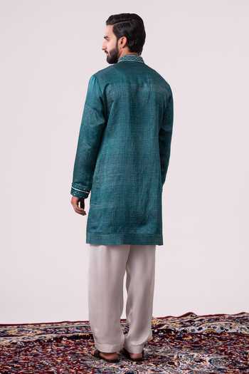 Shop_Char Chaand_Teal Silk, Linen Embroidered Kurta _at_Aza_Fashions