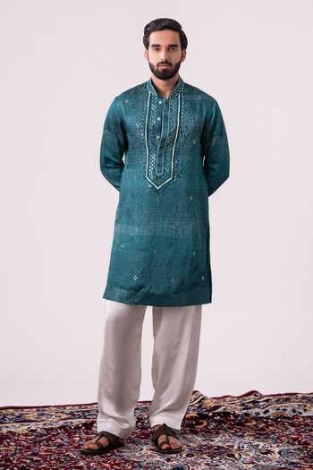 Buy_Char Chaand_Teal Silk, Linen Embroidered Kurta _Online_at_Aza_Fashions