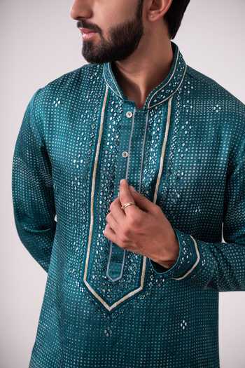 Shop_Char Chaand_Teal Silk, Linen Embroidered Kurta _Online_at_Aza_Fashions