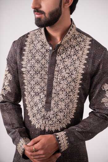 Shop_Char Chaand_Charcoal Silk Embroidered Kurta _Online_at_Aza_Fashions