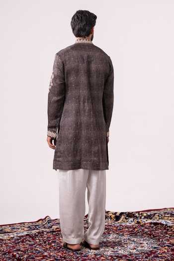 Shop_Char Chaand_Charcoal Silk Embroidered Kurta _at_Aza_Fashions