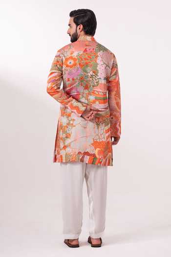 Shop_Char Chaand_Multi Color Silk, Linen Printed Kurta _at_Aza_Fashions