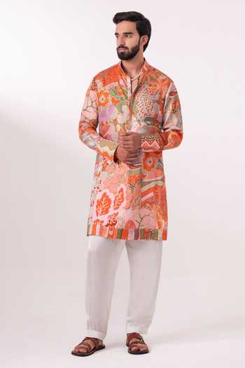 Char Chaand_Multi Color Silk, Linen Printed Kurta _Online_at_Aza_Fashions