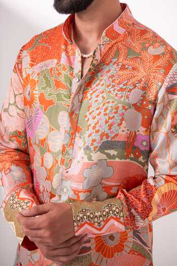 Shop_Char Chaand_Multi Color Silk, Linen Printed Kurta _Online_at_Aza_Fashions