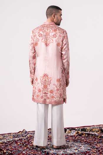 Shop_Char Chaand_Pink Silk, Linen Embroidered Floral Print Kurta _at_Aza_Fashions