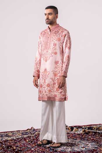 Char Chaand_Pink Silk, Linen Embroidered Floral Print Kurta _Online_at_Aza_Fashions