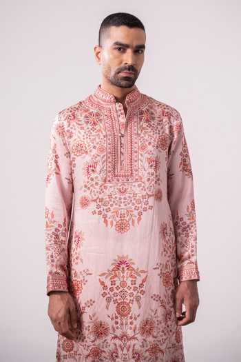 Buy_Char Chaand_Pink Silk, Linen Embroidered Floral Print Kurta _Online_at_Aza_Fashions