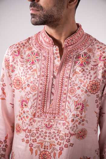 Shop_Char Chaand_Pink Silk, Linen Embroidered Floral Print Kurta _Online_at_Aza_Fashions