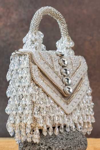 Shop_Nayaab By Sonia_Silver Chevron Crystal Kasse Bag 