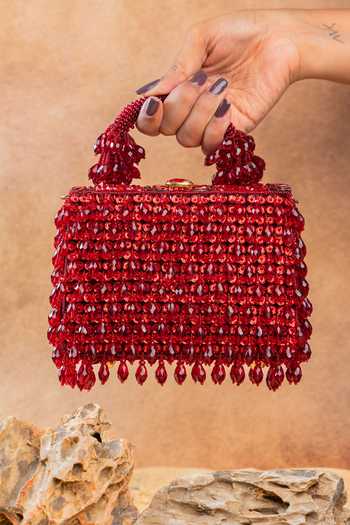 Shop_Nayaab By Sonia_Red Chevron Crystal Kasse Wine Bag _at_Aza_Fashions