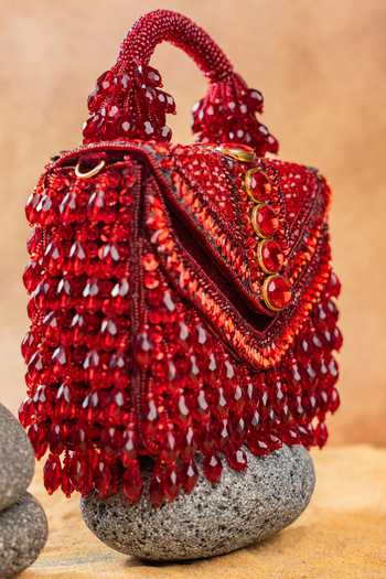 Buy_Nayaab By Sonia_Red Chevron Crystal Kasse Wine Bag 