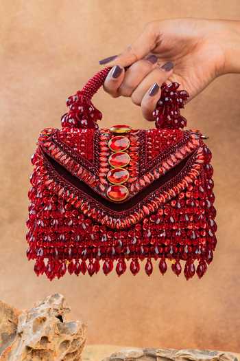 Shop_Nayaab By Sonia_Red Chevron Crystal Kasse Wine Bag 