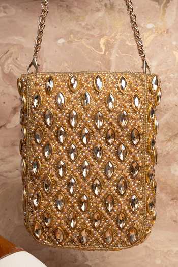 Shop_Nayaab By Sonia_Gold Beads, Stones, Mirrors, Crystals Water Trendy Armour Crossbody Pouch _at_Aza_Fashions