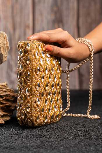 Shop_Nayaab By Sonia_Gold Beads, Stones, Mirrors, Crystals Water Trendy Armour Crossbody Pouch _Online_at_Aza_Fashions