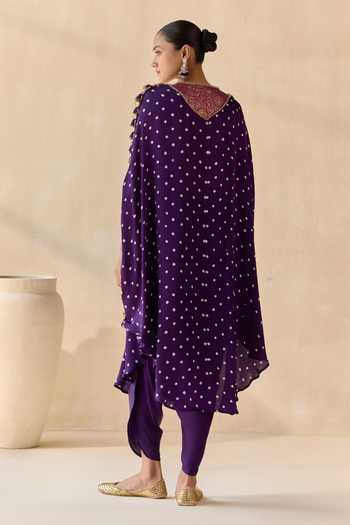 Shop_5elements_Blue Satin, Modal Round Neck, Ayantika Bandhani Pattern Kurta With Dhoti Pant _at_Aza_Fashions