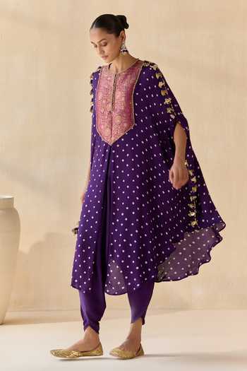 5elements_Blue Satin, Modal Round Neck, Ayantika Bandhani Pattern Kurta With Dhoti Pant _Online_at_Aza_Fashions