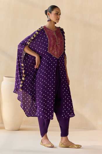 Buy_5elements_Blue Satin, Modal Round Neck, Ayantika Bandhani Pattern Kurta With Dhoti Pant _Online_at_Aza_Fashions