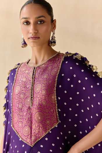 Shop_5elements_Blue Satin, Modal Round Neck, Ayantika Bandhani Pattern Kurta With Dhoti Pant _Online_at_Aza_Fashions