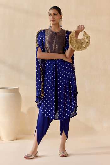 5elements_Blue Satin, Modal Round Neck Ayantika Kurta And Dhoti Pant Set _Online_at_Aza_Fashions