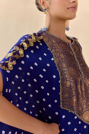 Buy_5elements_Blue Satin, Modal Round Neck Ayantika Kurta And Dhoti Pant Set _Online_at_Aza_Fashions