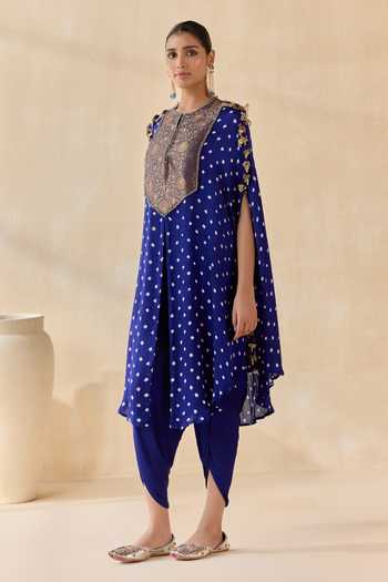 Shop_5elements_Blue Satin, Modal Round Neck Ayantika Kurta And Dhoti Pant Set _Online_at_Aza_Fashions