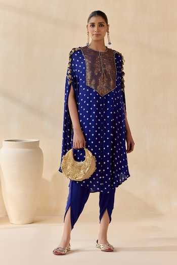 5elements_Blue Satin, Modal Round Neck Ayantika Kurta And Dhoti Pant Set _at_Aza_Fashions