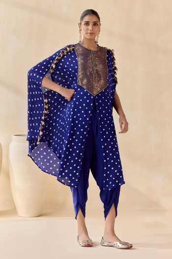 Buy_5elements_Blue Satin, Modal Round Neck Ayantika Kurta And Dhoti Pant Set 