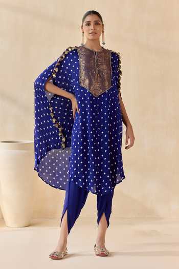 5elements_Blue Satin, Modal Round Neck Ayantika Kurta And Dhoti Pant Set _Online