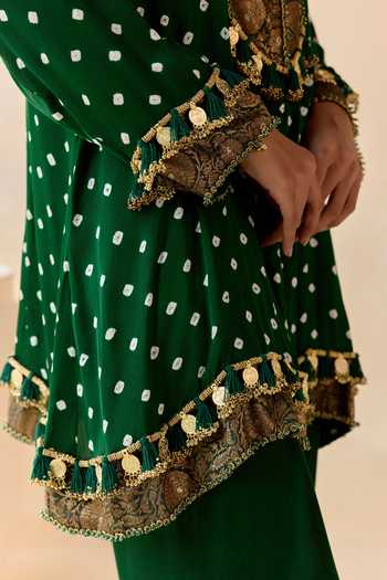 5elements_Green Satin, Modal V-neck, Yes Adhira Brocade Kurta Set _Online_at_Aza_Fashions
