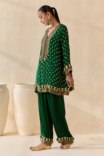 Shop_5elements_Green Satin, Modal V-neck, Yes Adhira Brocade Kurta Set _Online_at_Aza_Fashions