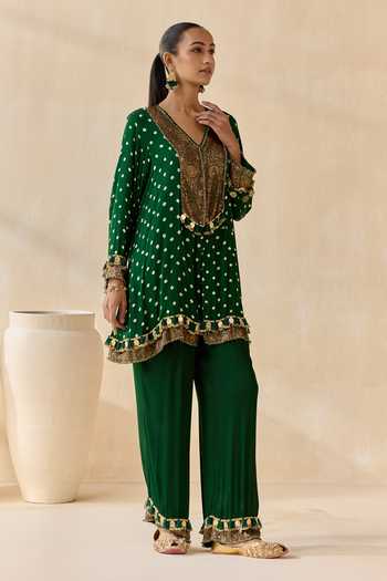 5elements_Green Satin, Modal V-neck, Yes Adhira Brocade Kurta Set _at_Aza_Fashions