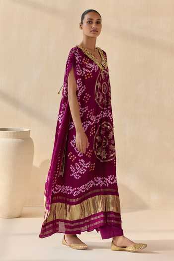 5elements_Purple Satin, Modal V-neck Neelanshi Bandhani Pattern Kaftan And Pant Set _Online_at_Aza_Fashions