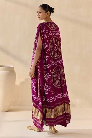 Shop_5elements_Purple Satin, Modal V-neck Neelanshi Bandhani Pattern Kaftan And Pant Set _at_Aza_Fashions