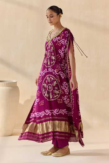 Buy_5elements_Purple Satin, Modal V-neck Neelanshi Bandhani Pattern Kaftan And Pant Set _Online_at_Aza_Fashions