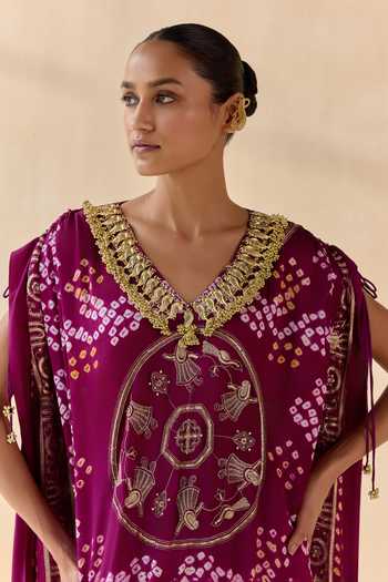 Shop_5elements_Purple Satin, Modal V-neck Neelanshi Bandhani Pattern Kaftan And Pant Set _Online_at_Aza_Fashions