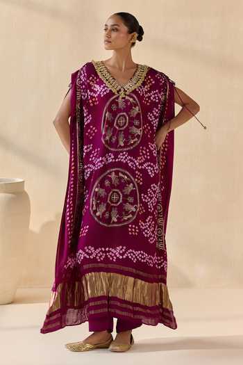 5elements_Purple Satin, Modal V-neck Neelanshi Bandhani Pattern Kaftan And Pant Set _at_Aza_Fashions