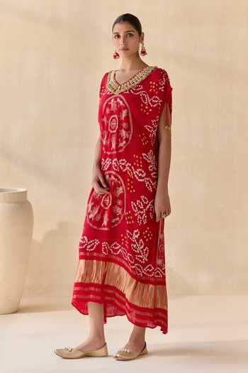 5elements_Red Satin, Modal V-neck Neelanshi Bandhani Pattern Kaftan _Online_at_Aza_Fashions