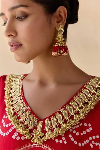 Buy_5elements_Red Satin, Modal V-neck Neelanshi Bandhani Pattern Kaftan _Online_at_Aza_Fashions
