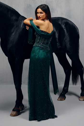 Shop_House of Arshiyaa_Green Net, Lace Stones, Crystals Bandeau Neck Hand Embroidered Corset Skirt Set _at_Aza_Fashions