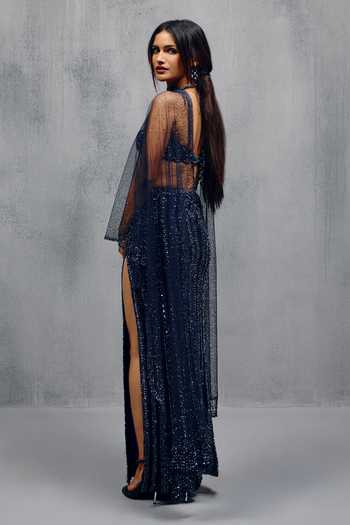 Shop_House of Arshiyaa_Blue Net, Lace Halter Neck Hand Embroidered Slit Skirt Set _at_Aza_Fashions